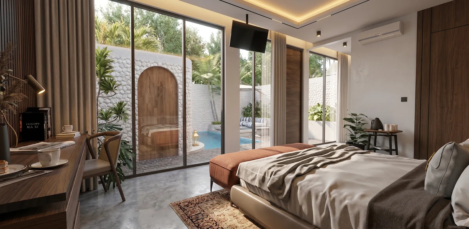 Seminyak Residence — спальня и выход к бассейну